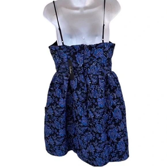 LULUS Adorable Nights Black and Blue Floral Jacquard Mini Skater Dress M NWT - Picture 5 of 10